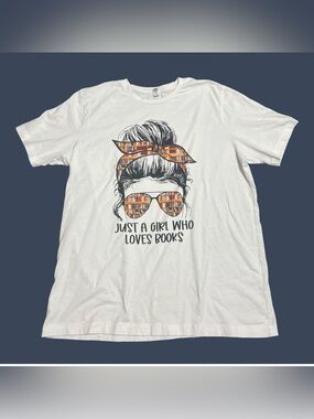 Bella Canvas White Tee with Orange-Brown Book-Print Headband and Sunglasses